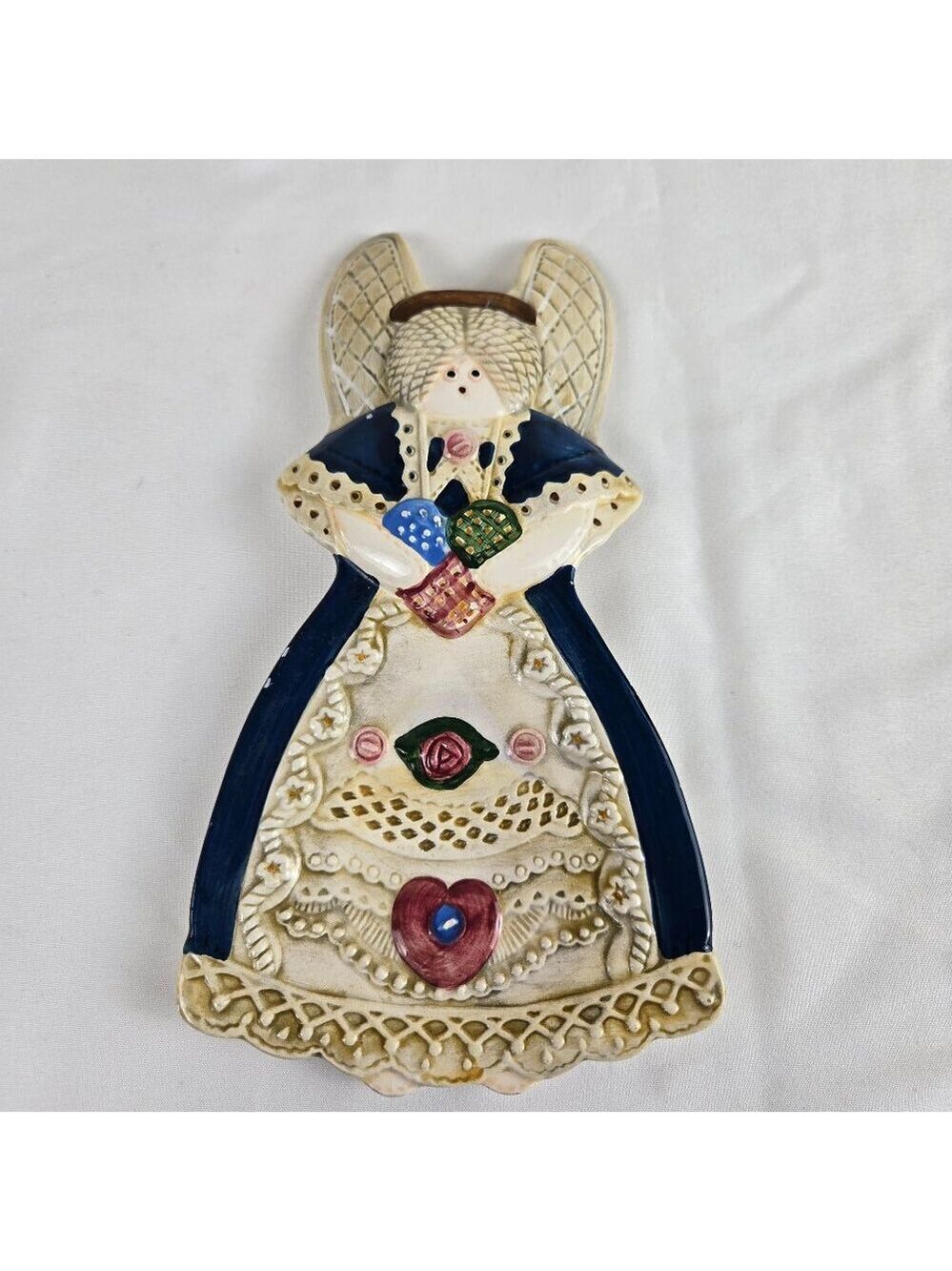 Vintage Country Kitchen Angel Spoon Rest Ceramic Hand Painted Lace Dress Cottage